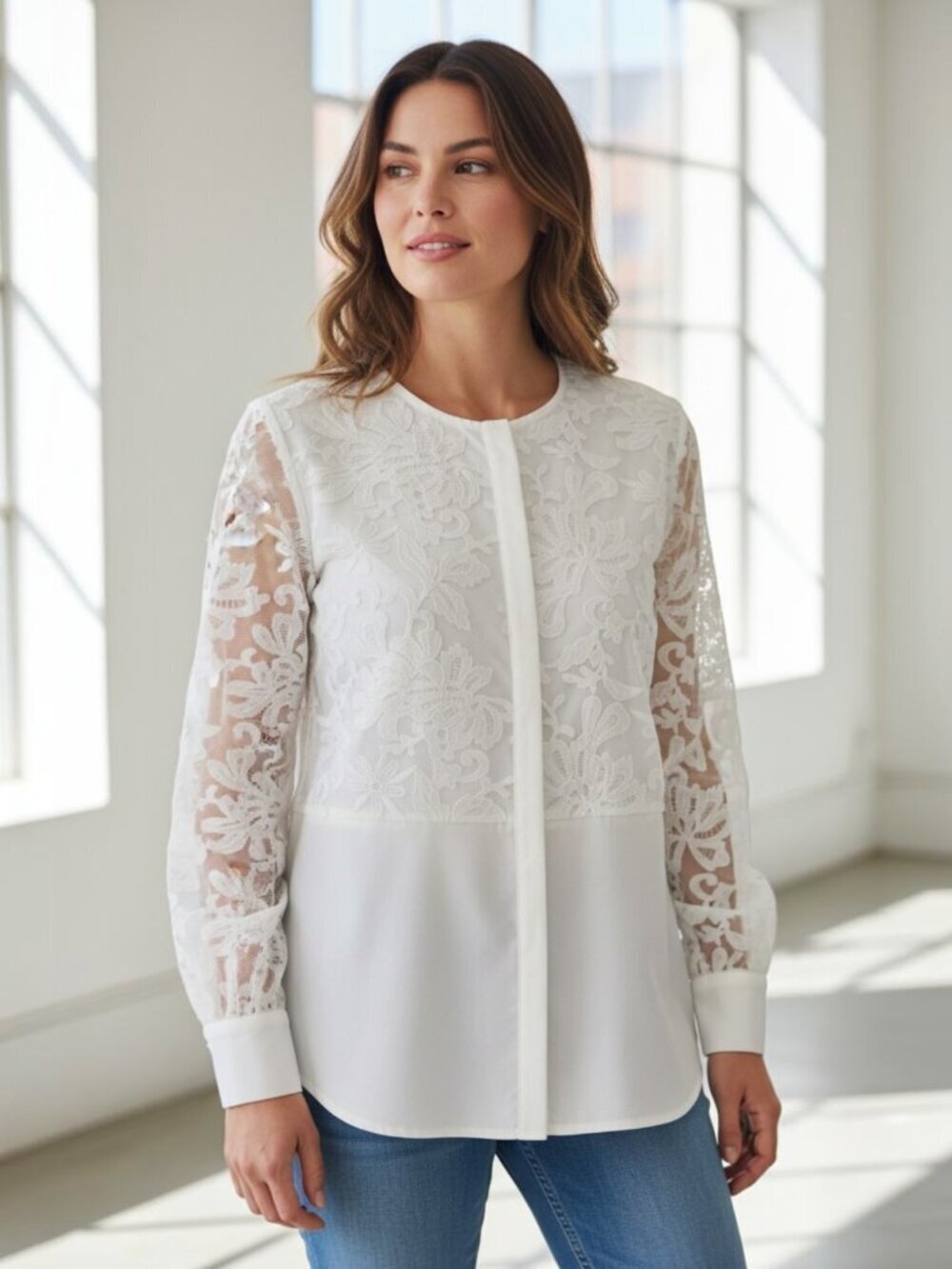St Emile Silk Cotton Blouse Shirt Button Front Top White Lace Floral Women's 6